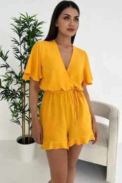 Yellow Butterfly Sleeve Wrap Top Tie Waist Playsuit