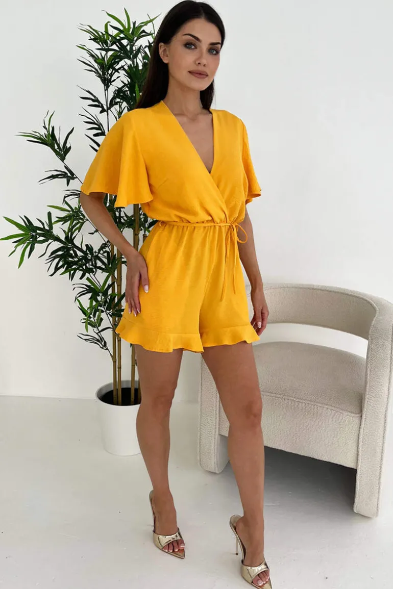 Yellow Butterfly Sleeve Wrap Top Tie Waist Playsuit