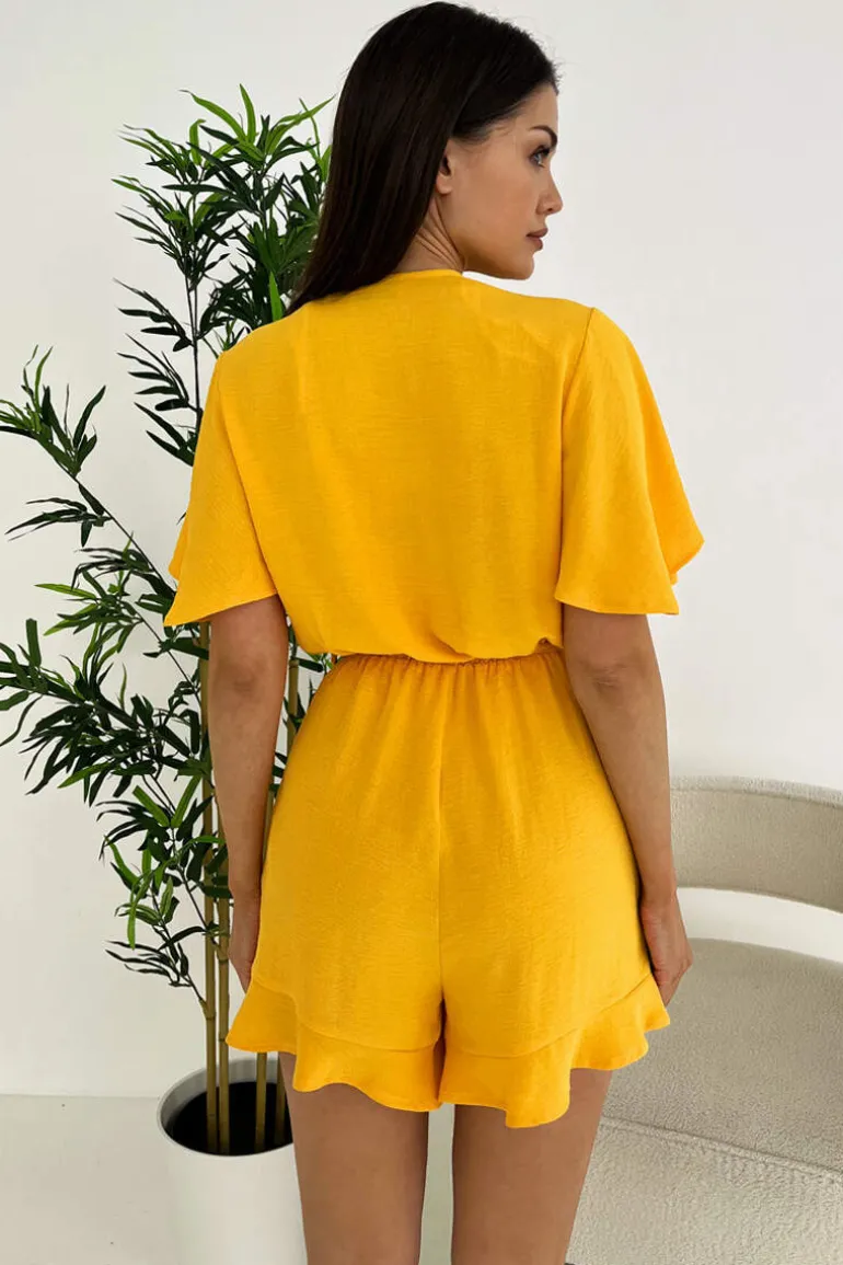 Yellow Butterfly Sleeve Wrap Top Tie Waist Playsuit