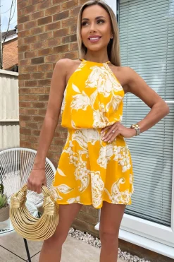 Yellow Floral Printed High Neck Playsuit
