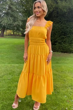 Yellow Frill Strap Tiered Midi Dress