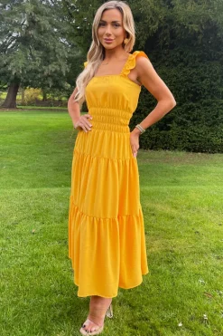 Yellow Frill Strap Tiered Midi Dress
