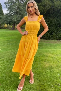 Yellow Frill Strap Tiered Midi Dress