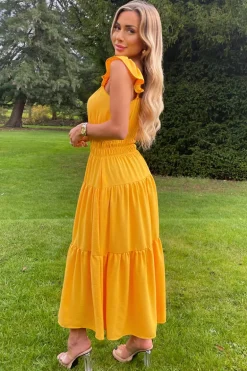 Yellow Frill Strap Tiered Midi Dress