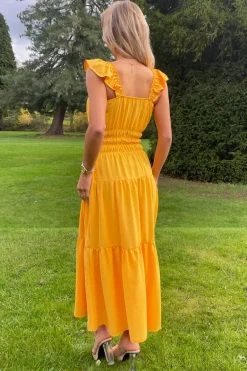 Yellow Frill Strap Tiered Midi Dress