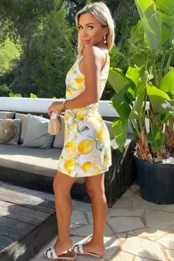 Yellow Lemon Print Racer Neck Slip Mini Dress
