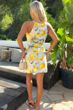 Yellow Lemon Print Racer Neck Slip Mini Dress