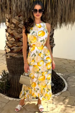 Yellow Lemon Print Waist Cut Out Frill Hem Midi Dress
