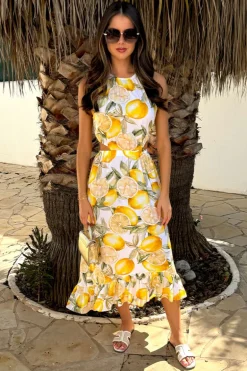 Yellow Lemon Print Waist Cut Out Frill Hem Midi Dress