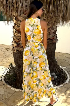 Yellow Lemon Print Waist Cut Out Frill Hem Midi Dress