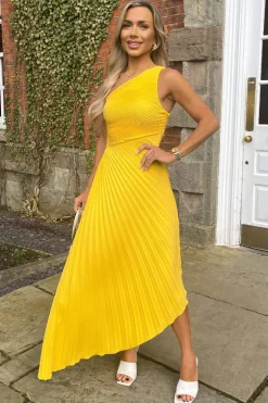 Yellow One Shoulder Cut Out Pleated Midi Dress