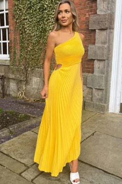 Yellow One Shoulder Cut Out Pleated Midi Dress