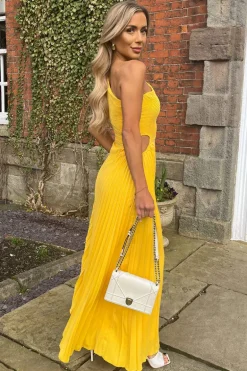 Yellow One Shoulder Cut Out Pleated Midi Dress