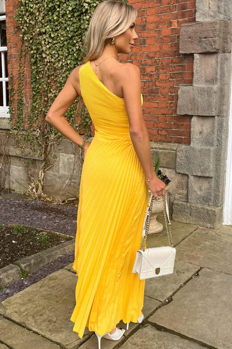 Yellow One Shoulder Cut Out Pleated Midi Dress