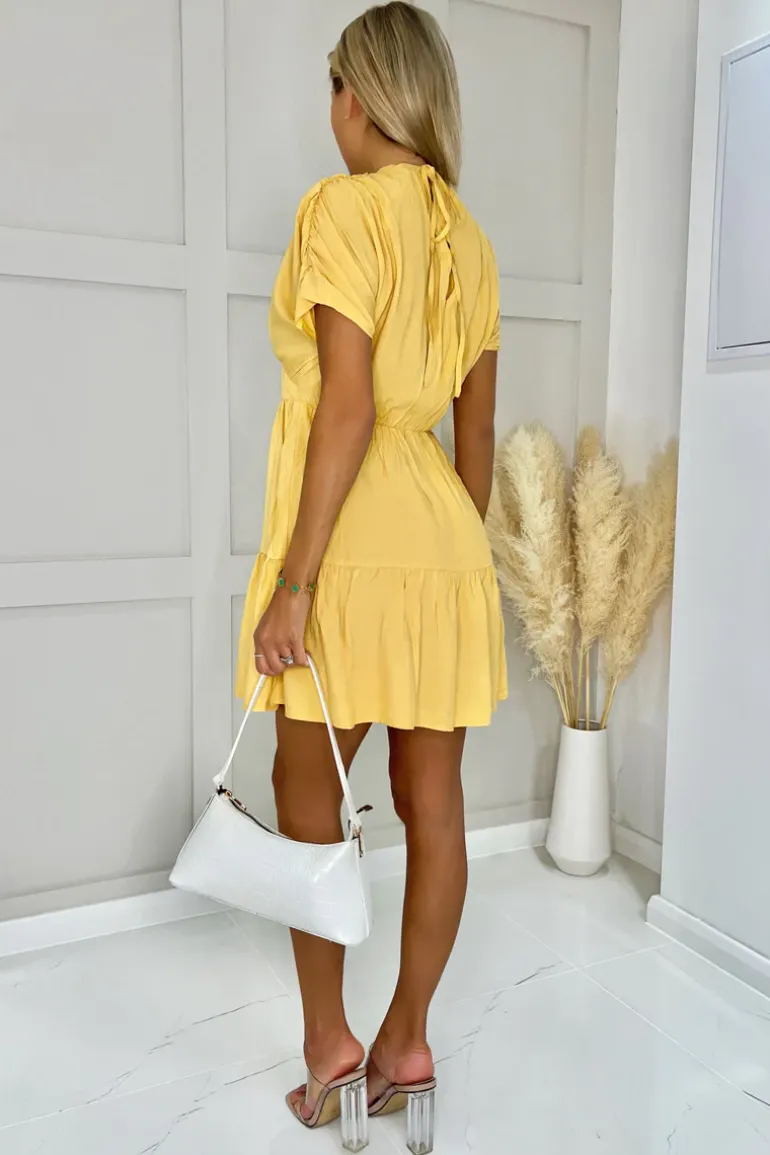 Yellow Short Sleeve Tie Back V Neck Mini Dress