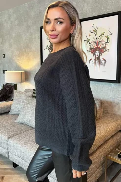 Anthracite Round Neck Cable Knit Jumper