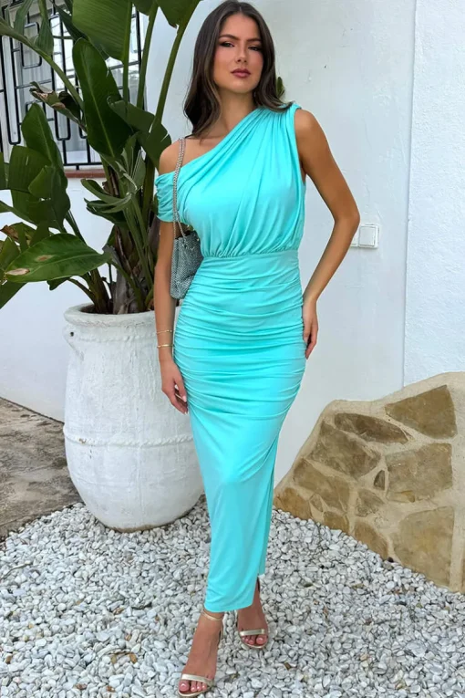 Aqua Off The Shoulder Draped Top Midi Dress