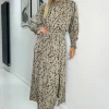 Beige Animal Print Long Sleeve Shirred Detail Midi Dress