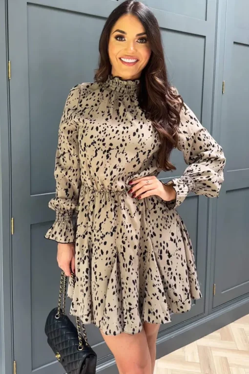 Beige Animal Print Long Sleeve Shirred Detail Skater Dress