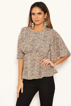 Beige Printed Frill Blouse