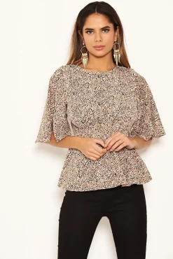 Beige Printed Frill Blouse