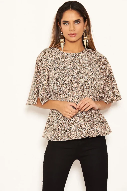 Beige Printed Frill Blouse