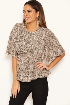 Beige Printed Frill Blouse