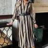 Beige Striped Print Button Front Belted Shirt Midi Dress