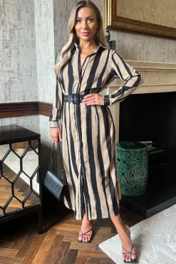 Beige Striped Print Button Front Belted Shirt Midi Dress
