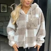 Biscuit Check Pocket Detail Hooded Teddy Jacket