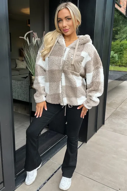 Biscuit Check Pocket Detail Hooded Teddy Jacket