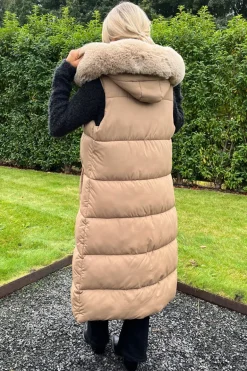 Biscuit Faux Fur Hooded Longline Padded Gilet