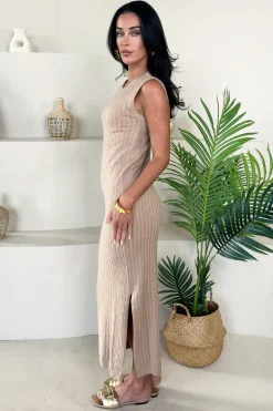 Biscuit Knitted Side Split Hem Midi Dress
