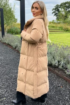 Biscuit Tie Waist Quilted Longline Puffer Coat