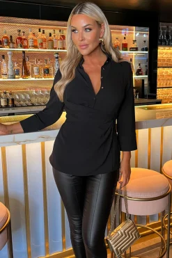 Black 3/4 Sleeve Collared Gathered Waist Top