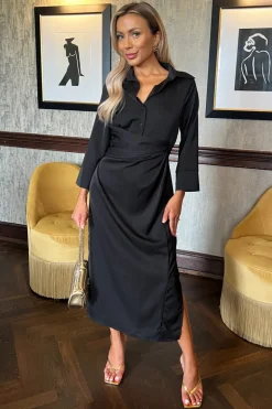 Black 3/4 Sleeves Gathered Waist Shirt Midi Dress