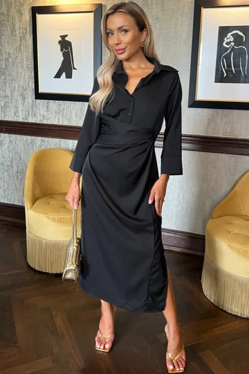 Black 3/4 Sleeves Gathered Waist Shirt Midi Dress