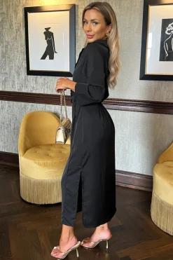 Black 3/4 Sleeves Gathered Waist Shirt Midi Dress