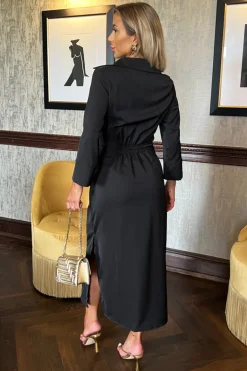 Black 3/4 Sleeves Gathered Waist Shirt Midi Dress