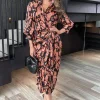 Black Abstract Print 3/4 Sleeved Tie Waist Midi Dress