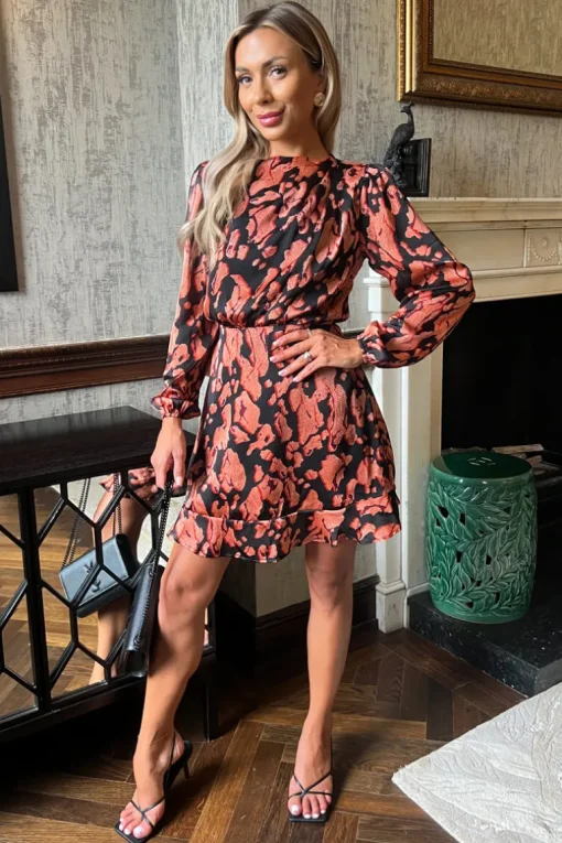 Black Abstract Print Long Sleeve Pleated Shoulder Mini Dress