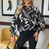 Black Abstract Stripe Print Long Cuff Sleeved Top