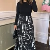 Black Abstract Stripe Print 2 in 1 Long Sleeve Pleated Skirt Midi Dress