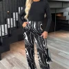 Black Abstract Stripe Print 2 in 1 Long Sleeve Wide Leg Jumpsuit