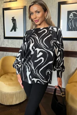 Black Abstract Stripe Print Long Cuff Sleeved Top