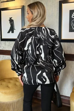 Black Abstract Stripe Print Long Cuff Sleeved Top