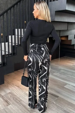 Black Abstract Stripe Print 2 in 1 Long Sleeve Wide Leg Jumpsuit