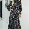 Black And Beige Printed High Neck Split Skirt Midi Dress