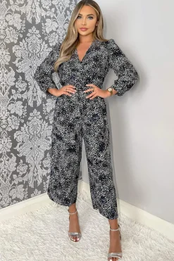 Black And Blue Printed Belted Long Sleeve Jumpsuit