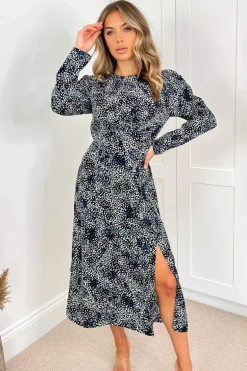 Black And Blue Printed Long Puff Sleeve Midi Dress